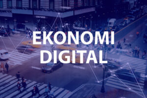 Jurnal Info Digitalisasi Global: Peluang & Tantangan Ekonomi Digital dengan ilustrasi peta dunia, cloud, AI, laptop, dan ikon teknologi modern.